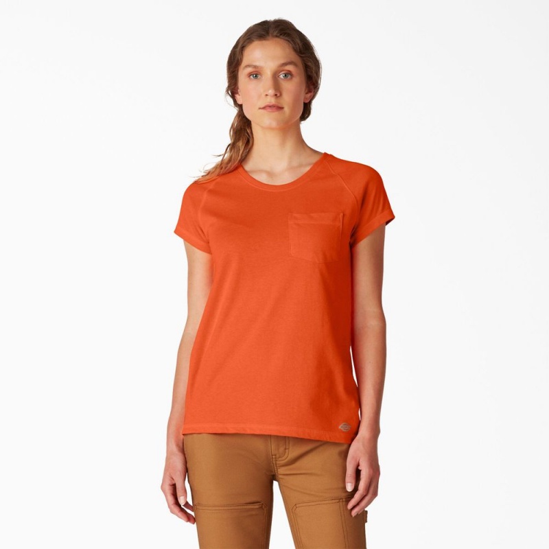 Orange Dickies Cooling Short Sleeve Pocket Women\'s T-Shirt | 851-UGWXHL