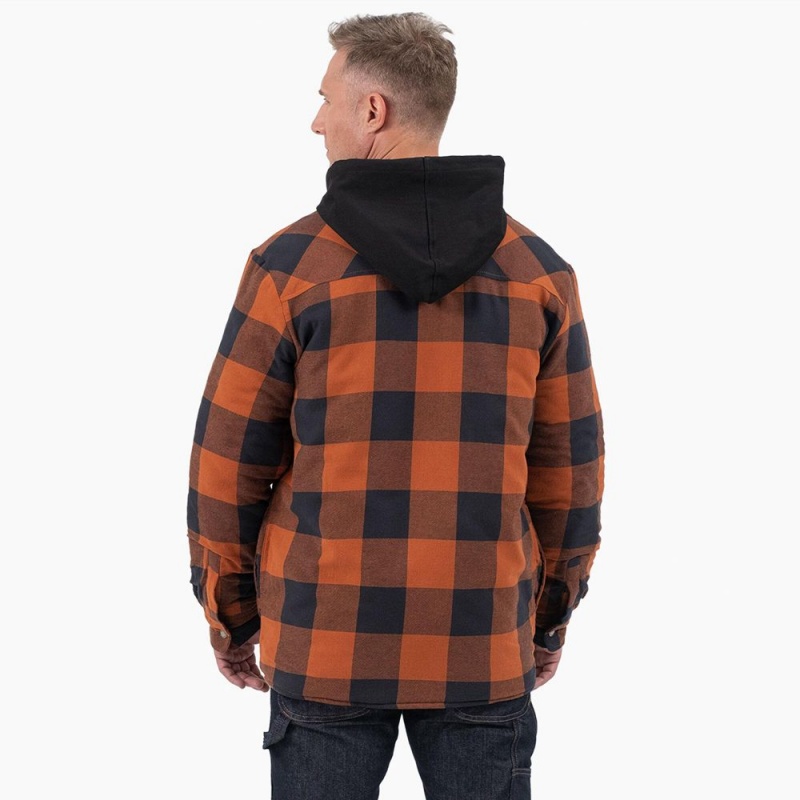 Orange Dickies Flannel Hooded Shirt Men's Jacket | 725-WMJFEN