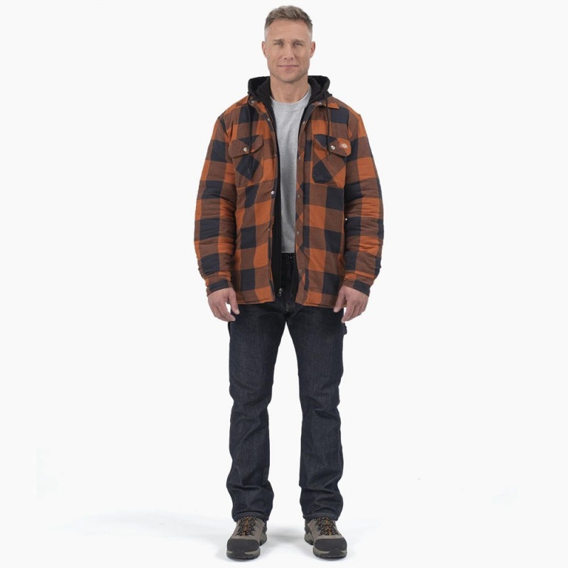 Orange Dickies Flannel Hooded Shirt Men's Jacket | 725-WMJFEN