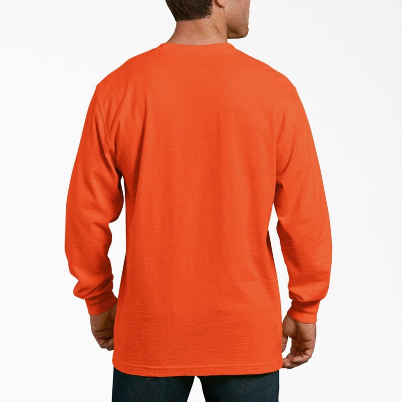 Orange Dickies Heavyweight Neon Long Sleeve Pocket Men's T-Shirt | 082-FOTKMH