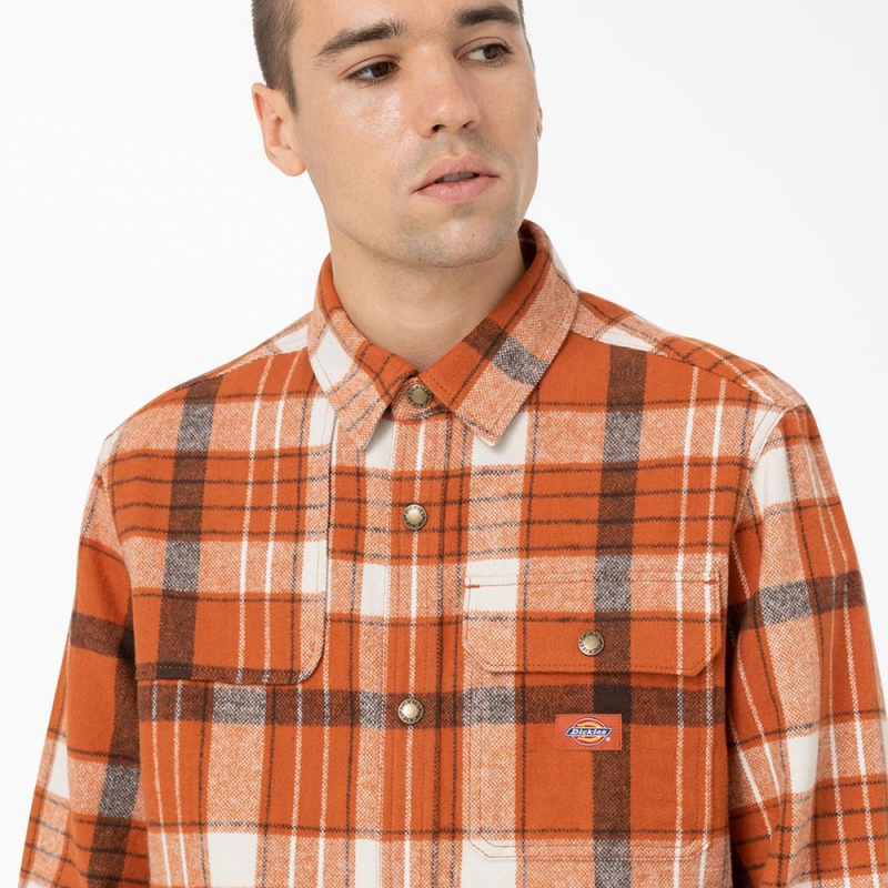 Orange Dickies Nimmons Plaid Long Sleeve Men's Shirt | 819-IDJZAS