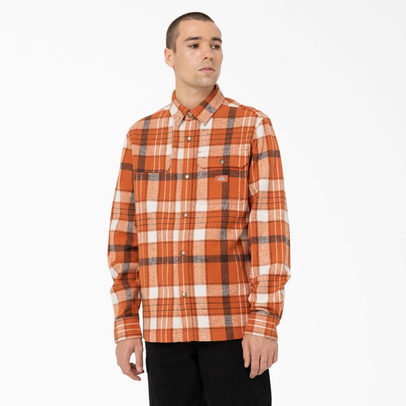 Orange Dickies Nimmons Plaid Long Sleeve Men\'s Shirt | 819-IDJZAS