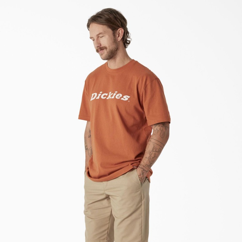 Orange Dickies Short Sleeve Wordmark Graphic Men's T-Shirt | 583-GBXHIO