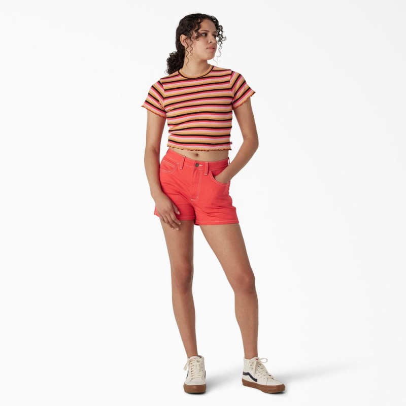 Orange Dickies Striped Cropped Baby Women's T-Shirt | 857-HUEPND