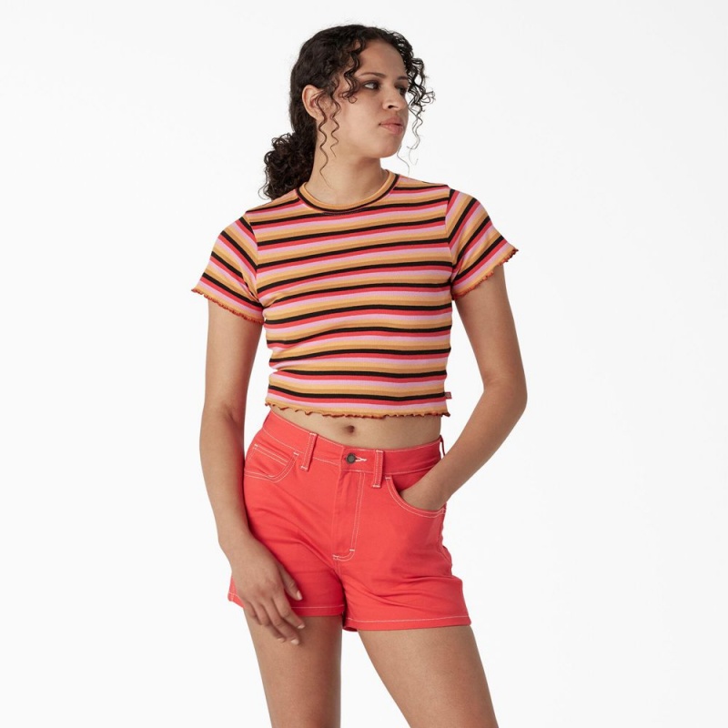 Orange Dickies Striped Cropped Baby Women\'s T-Shirt | 857-HUEPND