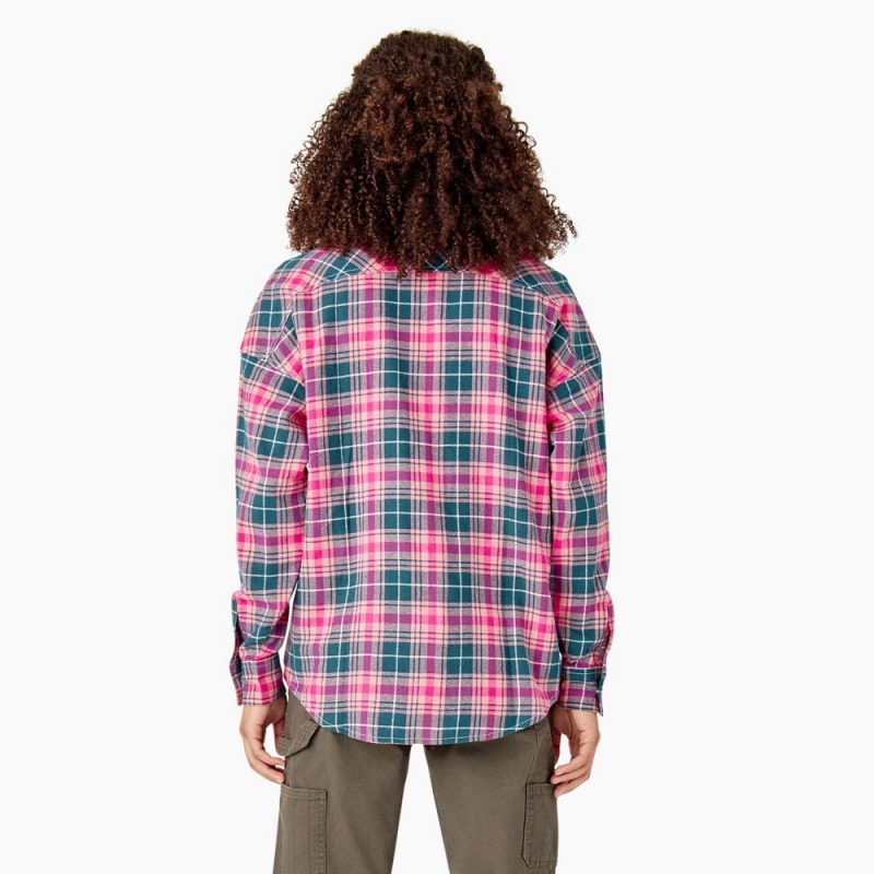 Pink Dickies Long Sleeve Flannel Women's Shirt | 845-GLCPJS