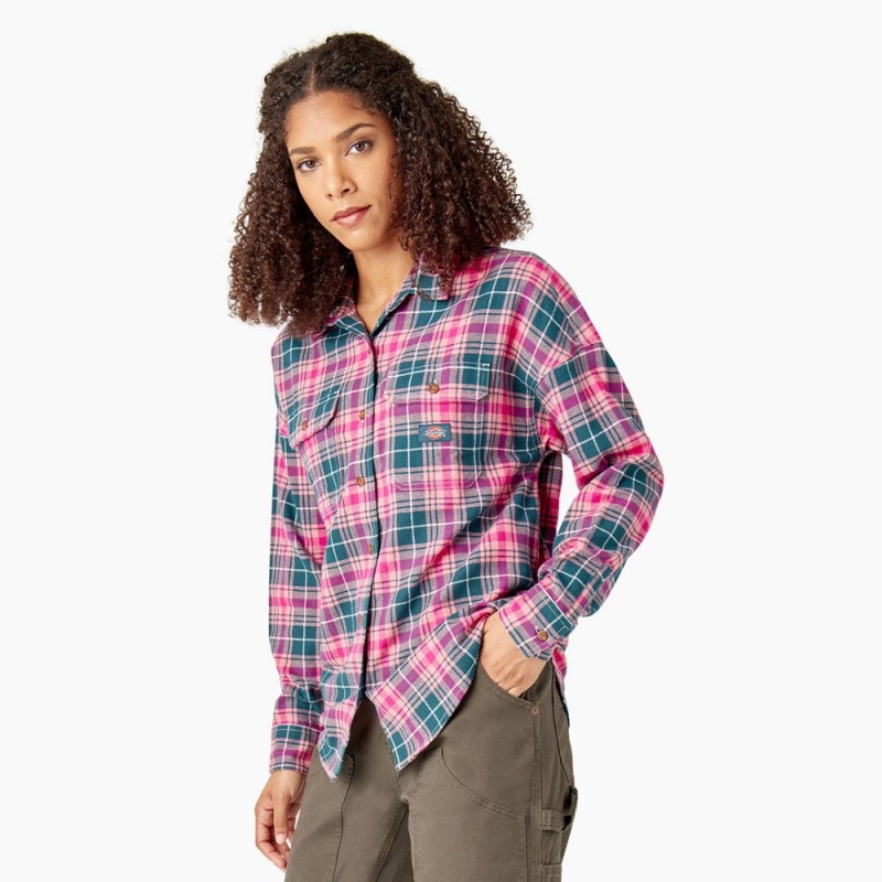 Pink Dickies Long Sleeve Flannel Women's Shirt | 845-GLCPJS