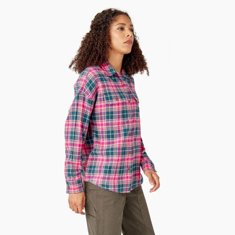 Pink Dickies Long Sleeve Flannel Women's Shirt | 845-GLCPJS