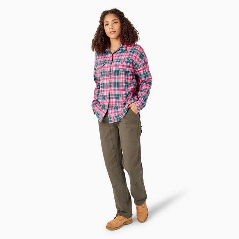 Pink Dickies Long Sleeve Flannel Women's Shirt | 845-GLCPJS