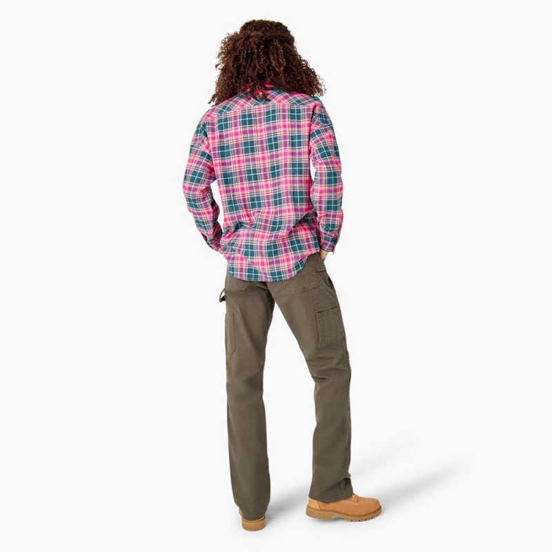 Pink Dickies Long Sleeve Flannel Women's Shirt | 845-GLCPJS