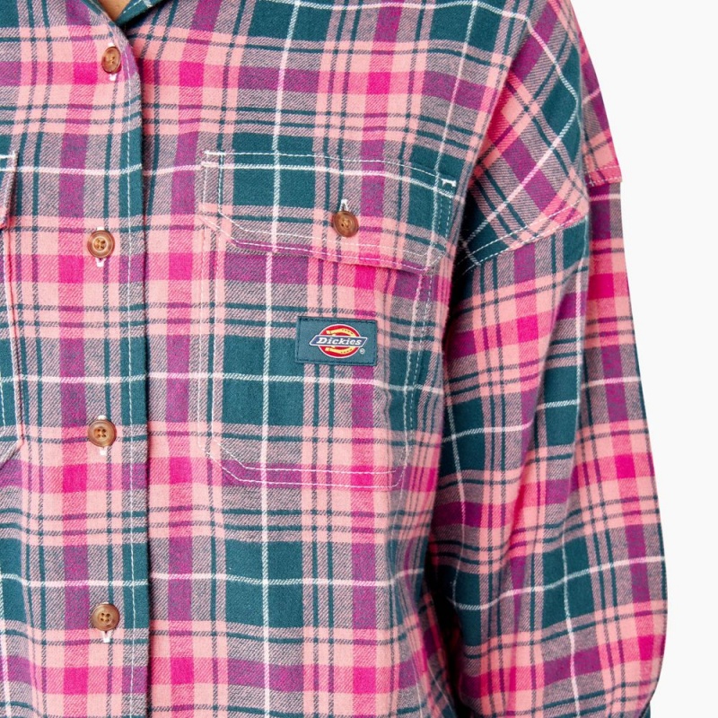 Pink Dickies Long Sleeve Flannel Women's Shirt | 845-GLCPJS