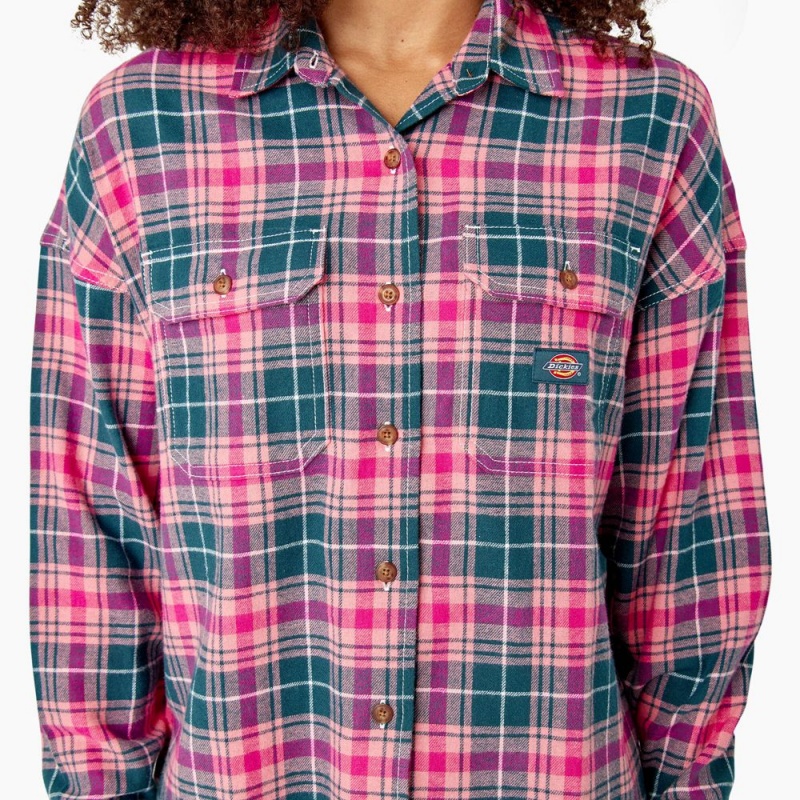 Pink Dickies Long Sleeve Flannel Women's Shirt | 845-GLCPJS