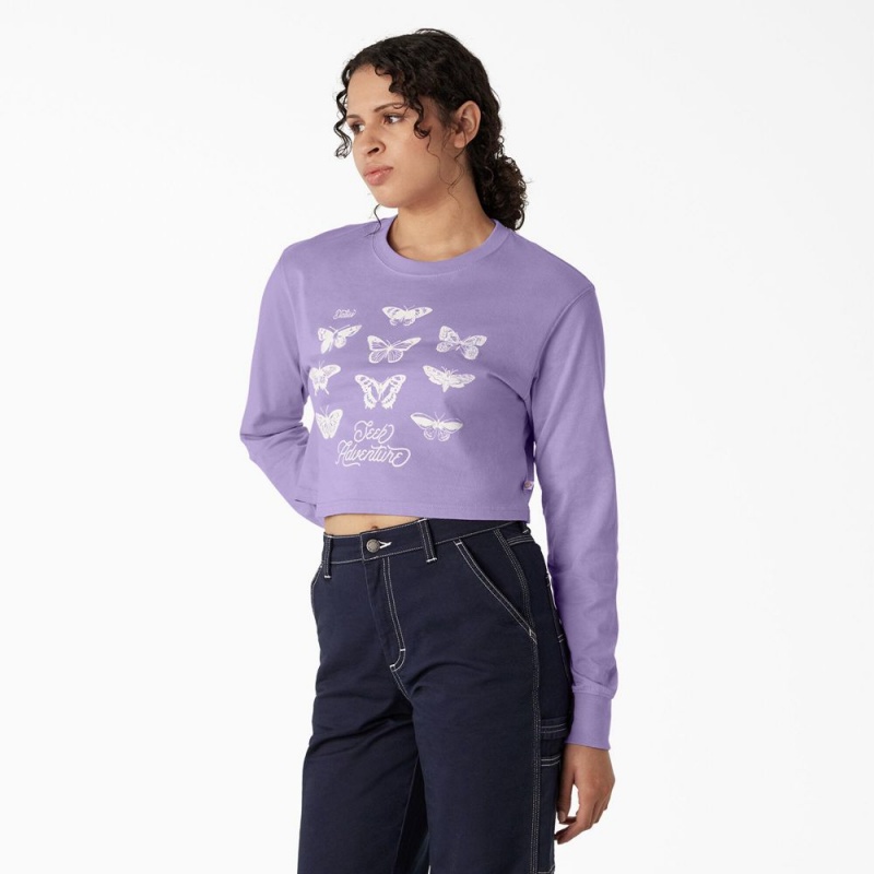 Purple Dickies Butterfly Graphic Long Sleeve Cropped Women's T-Shirt | 095-EKHMQP