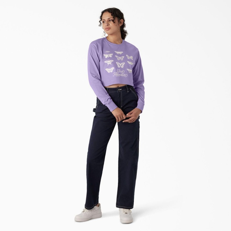 Purple Dickies Butterfly Graphic Long Sleeve Cropped Women's T-Shirt | 095-EKHMQP