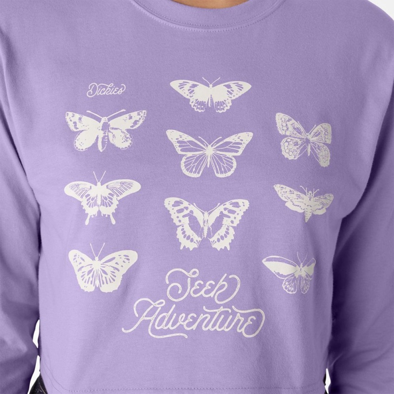 Purple Dickies Butterfly Graphic Long Sleeve Cropped Women's T-Shirt | 095-EKHMQP