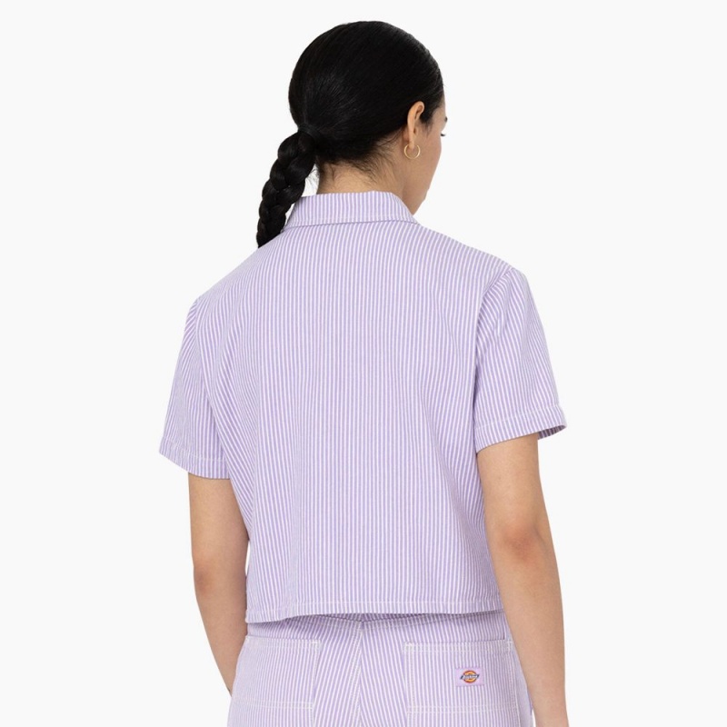 Purple Dickies Hickory Stripe Cropped Women's Work Shirts | 831-DYKXHF