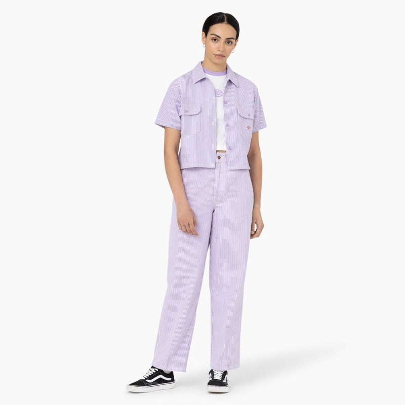 Purple Dickies Hickory Stripe Cropped Women's Work Shirts | 831-DYKXHF