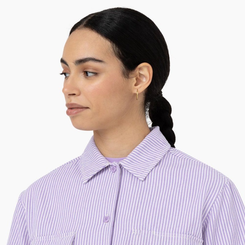 Purple Dickies Hickory Stripe Cropped Women's Work Shirts | 831-DYKXHF