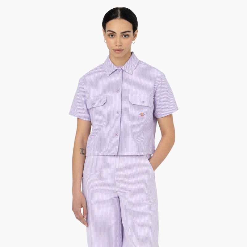 Purple Dickies Hickory Stripe Cropped Women\'s Work Shirts | 831-DYKXHF