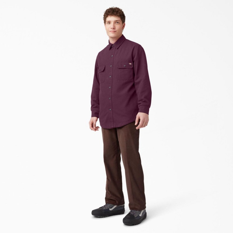 Purple Dickies Long Sleeve Flannel-Lined Duck Men's Shirt | 813-XSOGKF