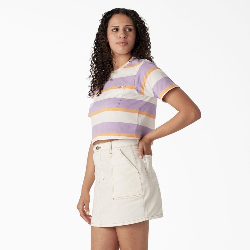 Purple Dickies Striped Cropped Pocket Women's T-Shirt | 760-SNFJER