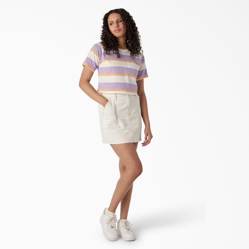 Purple Dickies Striped Cropped Pocket Women's T-Shirt | 760-SNFJER