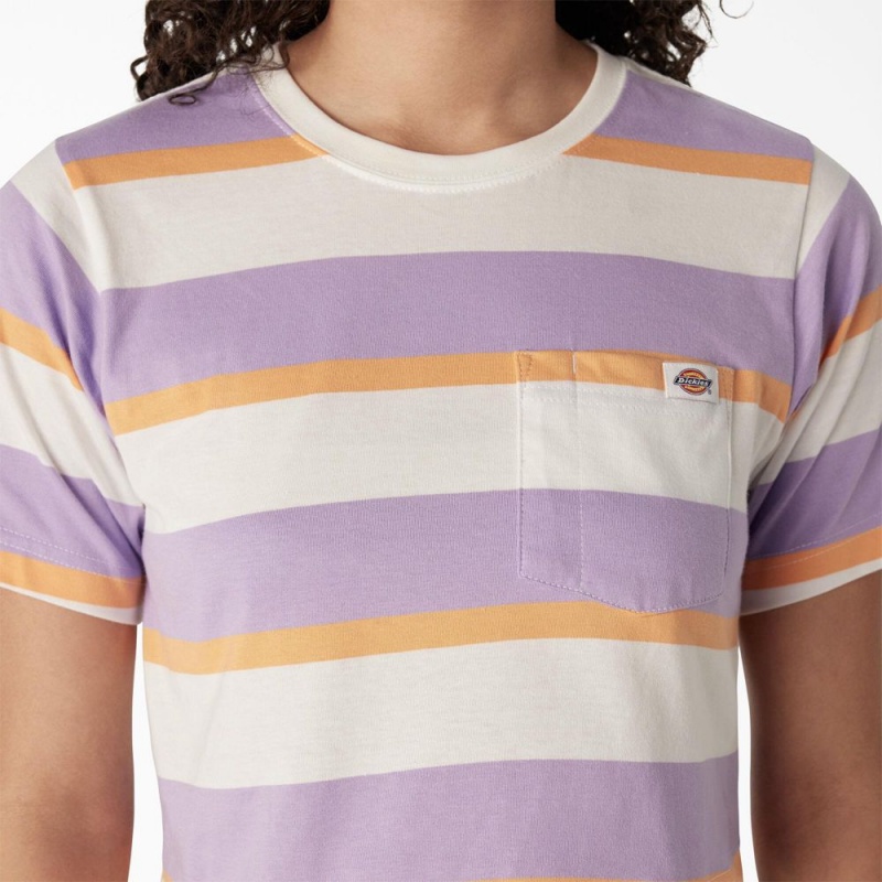 Purple Dickies Striped Cropped Pocket Women's T-Shirt | 760-SNFJER