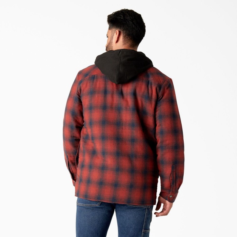 Red Dickies Flannel Hooded Shirt Men's Jacket | 063-BKQIRM