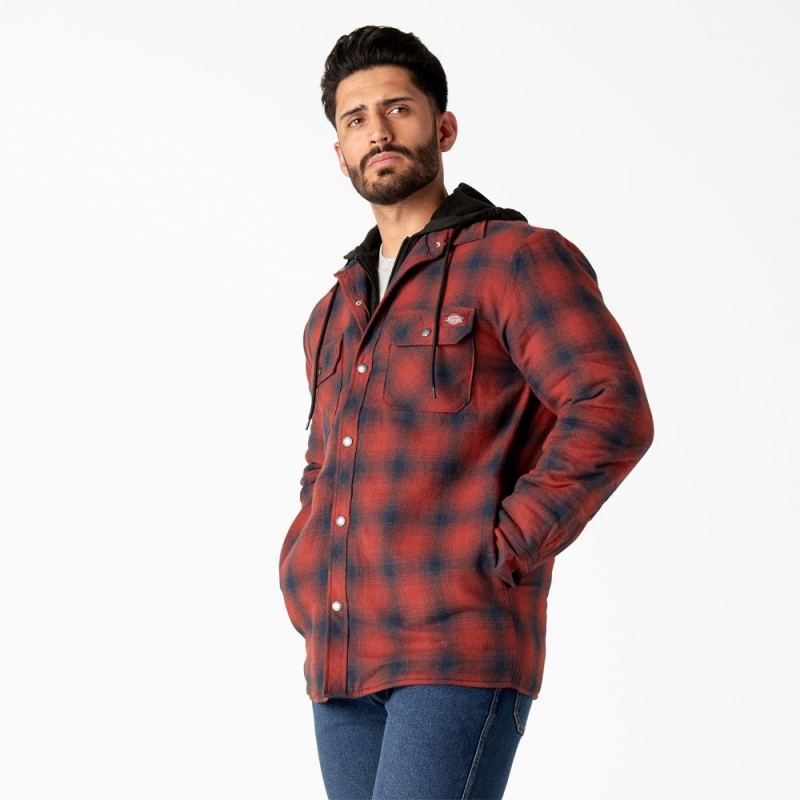 Red Dickies Flannel Hooded Shirt Men's Jacket | 063-BKQIRM