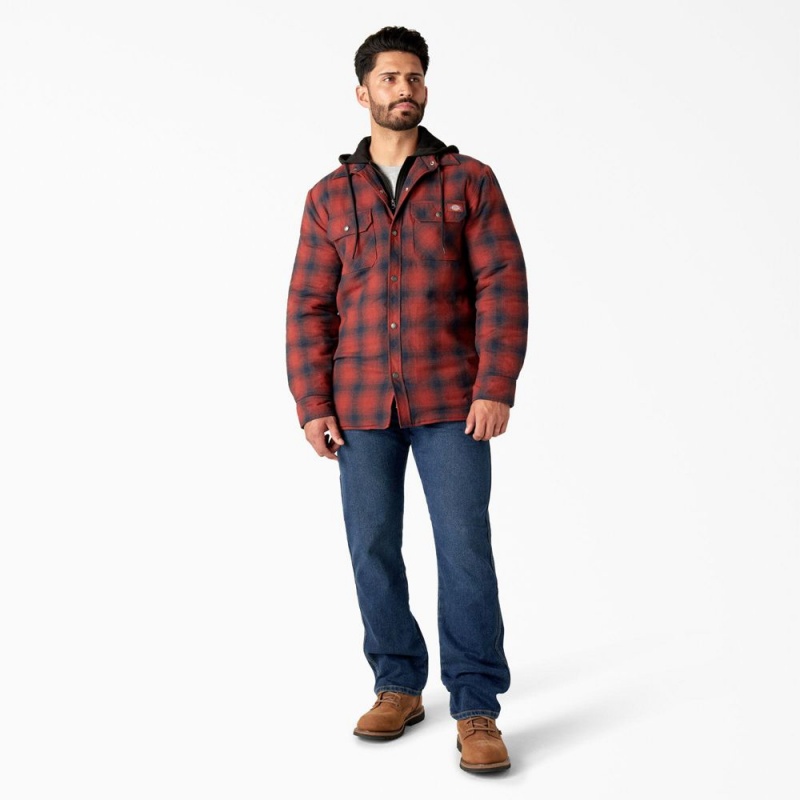 Red Dickies Flannel Hooded Shirt Men's Jacket | 063-BKQIRM