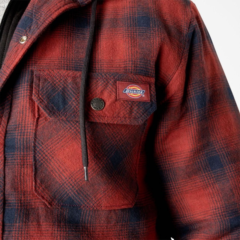 Red Dickies Flannel Hooded Shirt Men's Jacket | 063-BKQIRM