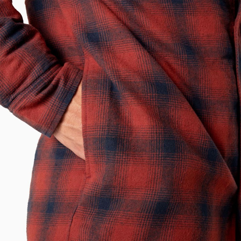 Red Dickies Flannel Hooded Shirt Men's Jacket | 063-BKQIRM