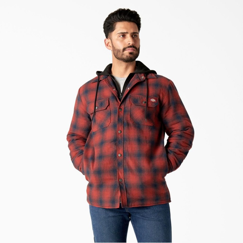 Red Dickies Flannel Hooded Shirt Men\'s Jacket | 063-BKQIRM