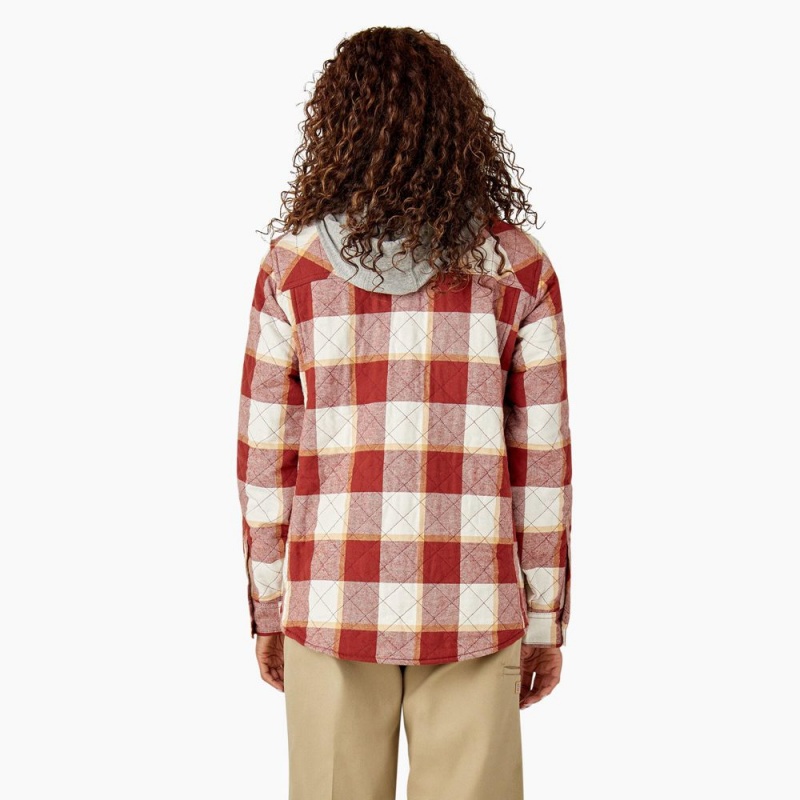 Red Dickies Flannel Hooded Shirt Women's Jacket | 657-YNTPIU