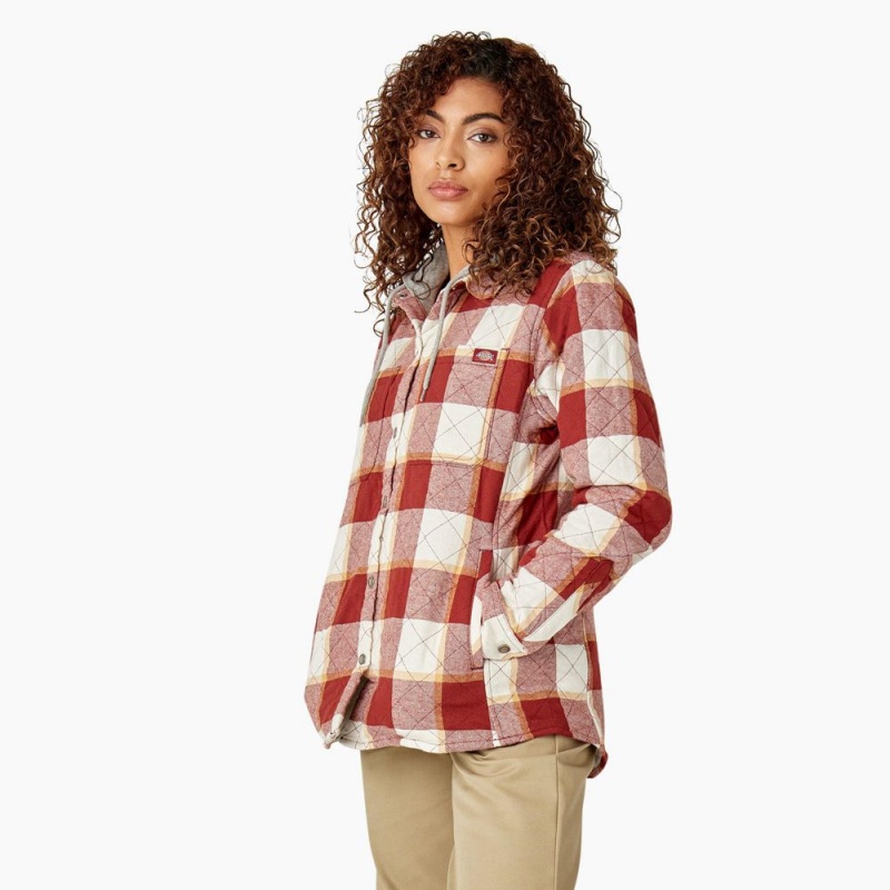 Red Dickies Flannel Hooded Shirt Women's Jacket | 657-YNTPIU