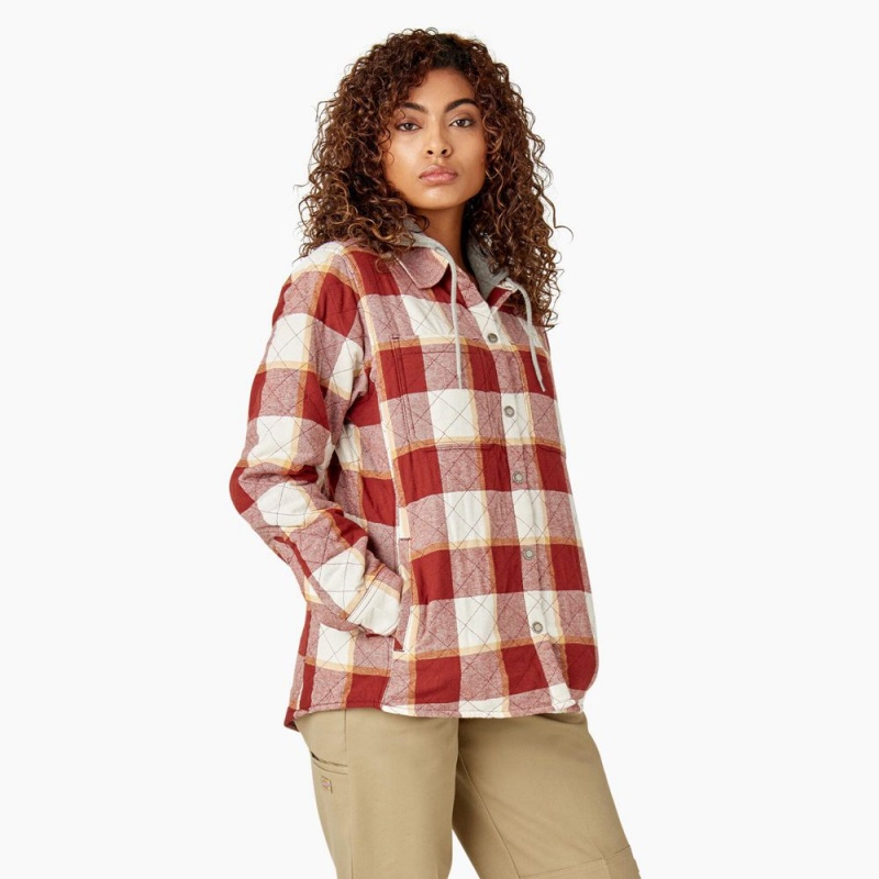 Red Dickies Flannel Hooded Shirt Women's Jacket | 657-YNTPIU