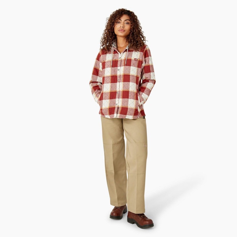 Red Dickies Flannel Hooded Shirt Women's Jacket | 657-YNTPIU