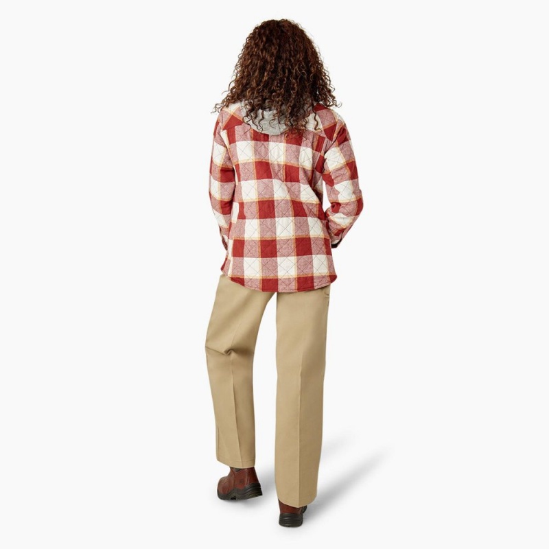 Red Dickies Flannel Hooded Shirt Women's Jacket | 657-YNTPIU