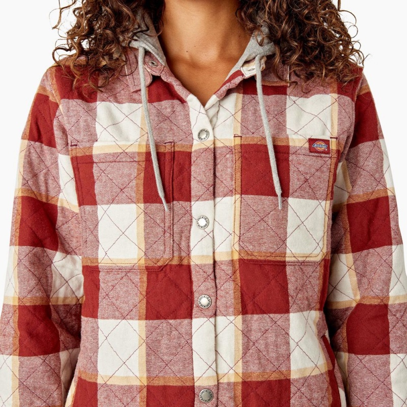 Red Dickies Flannel Hooded Shirt Women's Jacket | 657-YNTPIU