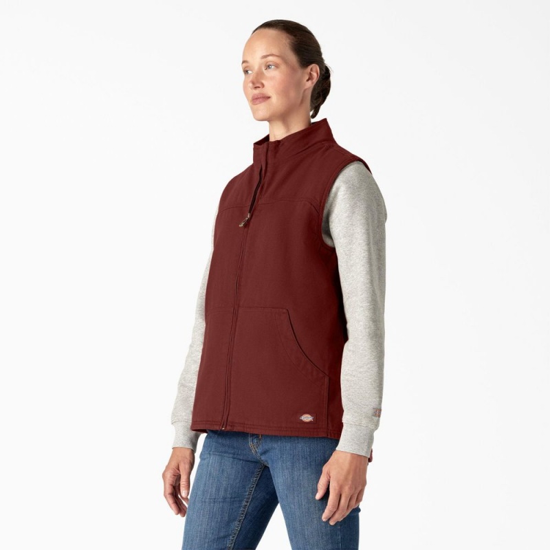 Red Dickies Fleece Lined Duck Canvas Women's Vest | 749-KSUDFB