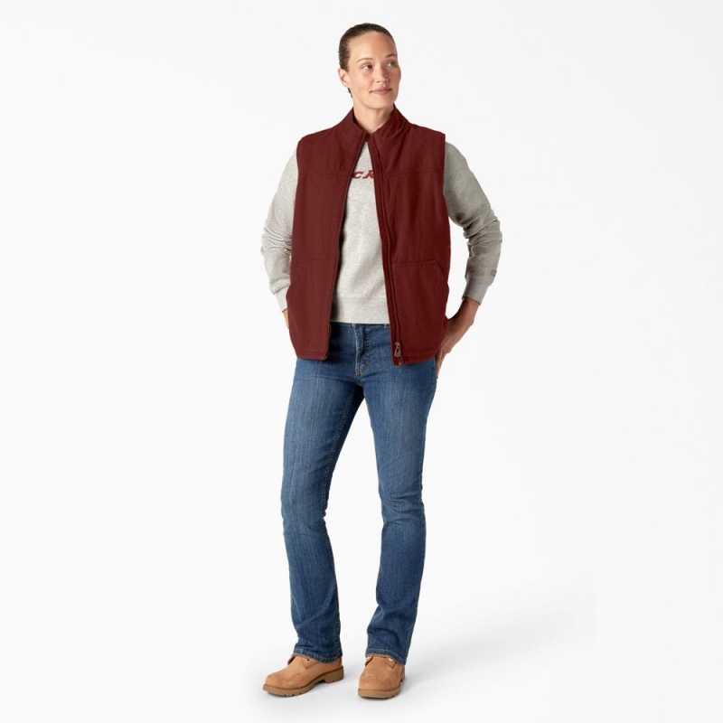 Red Dickies Fleece Lined Duck Canvas Women's Vest | 749-KSUDFB