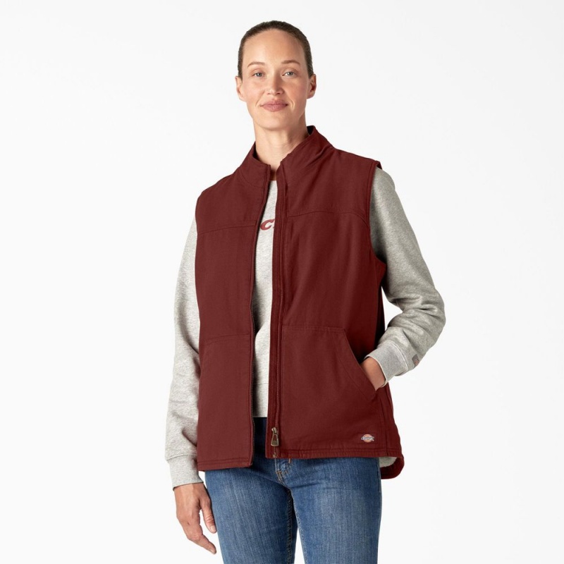 Red Dickies Fleece Lined Duck Canvas Women\'s Vest | 749-KSUDFB