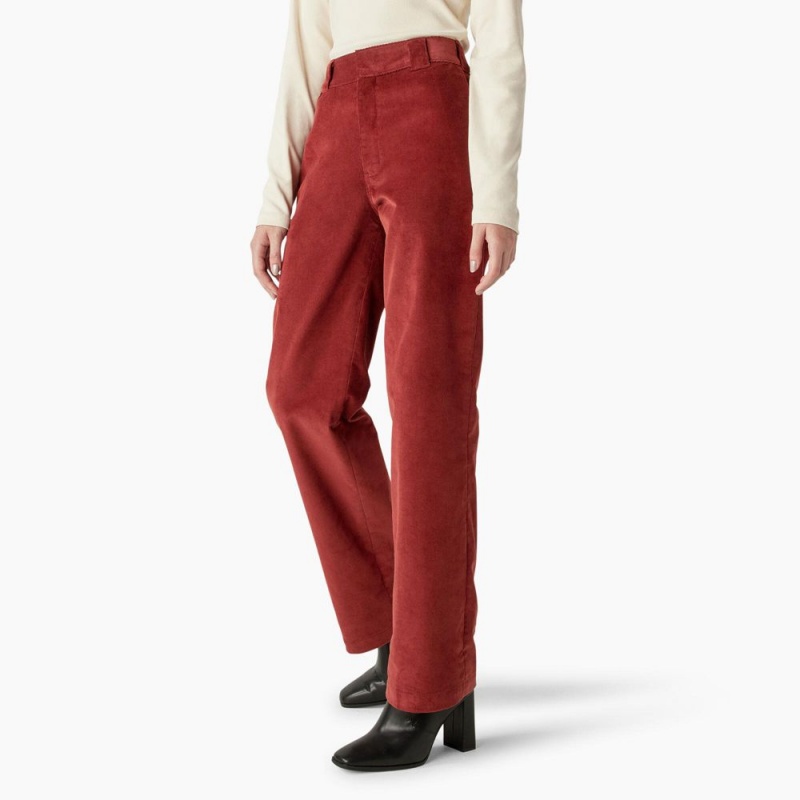 Red Dickies Halleyville Regular Fit Wide Leg Corduroy Women's Pants | 836-HWIYOE