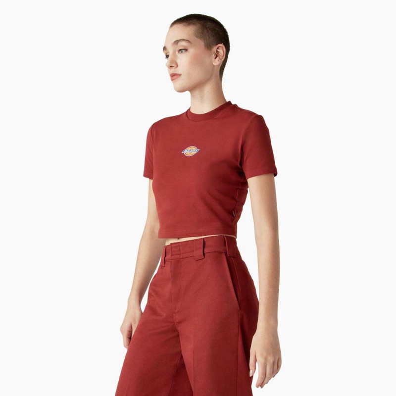 Red Dickies Maple Valley Logo Cropped Women's T-Shirt | 384-DQXEHJ