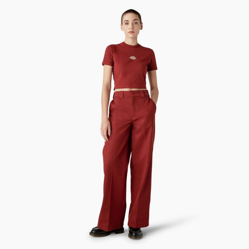 Red Dickies Maple Valley Logo Cropped Women's T-Shirt | 384-DQXEHJ