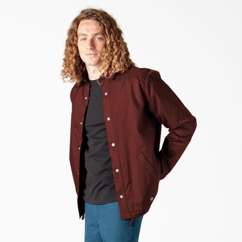 Red Dickies Skateboarding Coaches Men's Jacket | 493-KSOMWJ