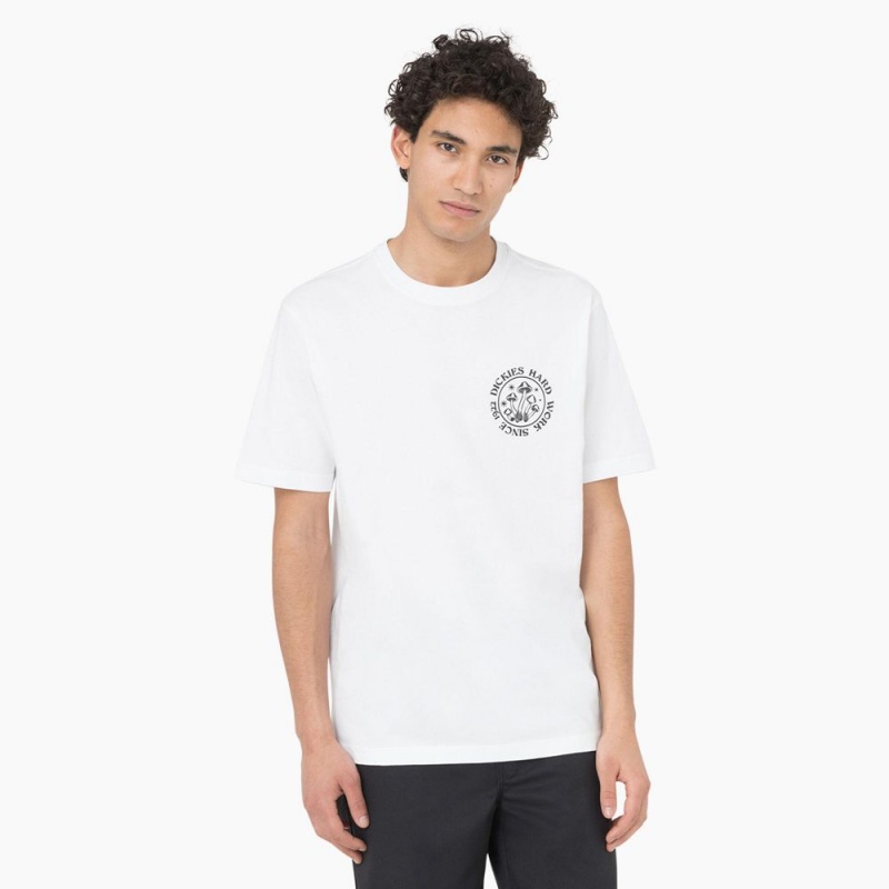 White Dickies Bayside Gardens Short Sleeve Men's T-Shirt | 305-TFJQPC