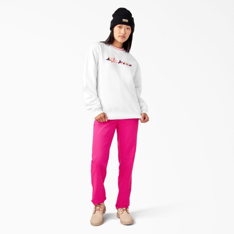 White Dickies Breast Cancer Awareness Logo Women's Sweatshirt | 345-KQALUB