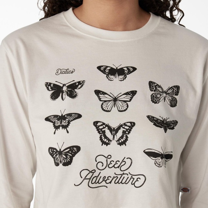 White Dickies Butterfly Graphic Long Sleeve Cropped Women's T-Shirt | 041-FJAPEQ