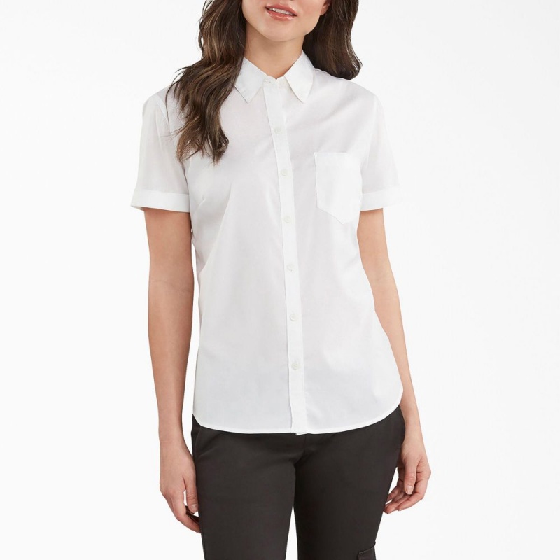 White Dickies Button-Up Women\'s Shirt | 381-LVFBDQ